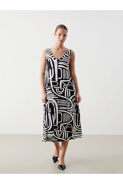 LC Waikiki Black V-Neck Patterned Women's Dress