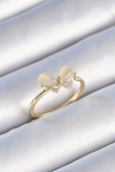 Skygo Brass Gold Color White Enamel Zircon Stone Butterfly Model Women's Ring