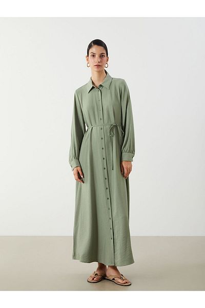 LC Waikiki Green Belted Textured Shirt Dress