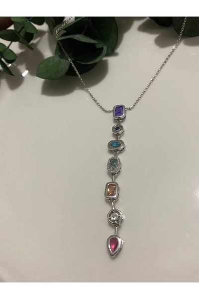 BUSEIN قلادة فضية على شكل حرف Y من الحجر الفولاذي الملون