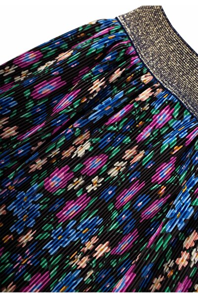 Cigit Pleated Glitter Elastic Detailed Skirt 2-7 Years Old Floral Patterned