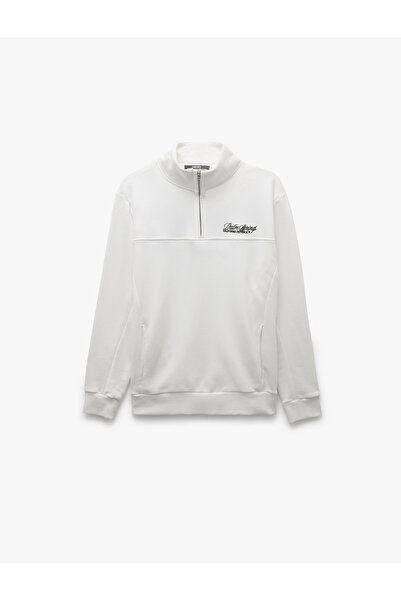 Koton Embroidered Hooded Half Zip Sweatshirt with Pocket Detail