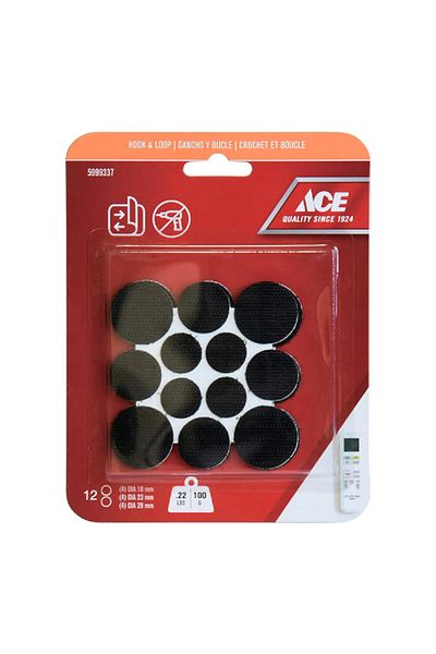 ACE 12-Pairs Round Shape Wall Friendly Hook and Loop Mounting Dots Black