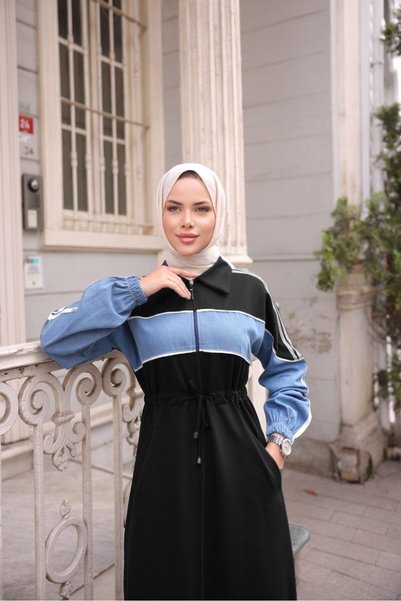 moda4b Women's Hooded Denim Detailed Sports Cap – Cotton Comfortable Hijab Coat N-05441 _ Black