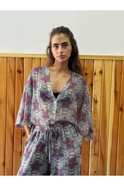 Retrobird Cămașă kimono din șifon cu decolteu în V pentru femei, multicoloră