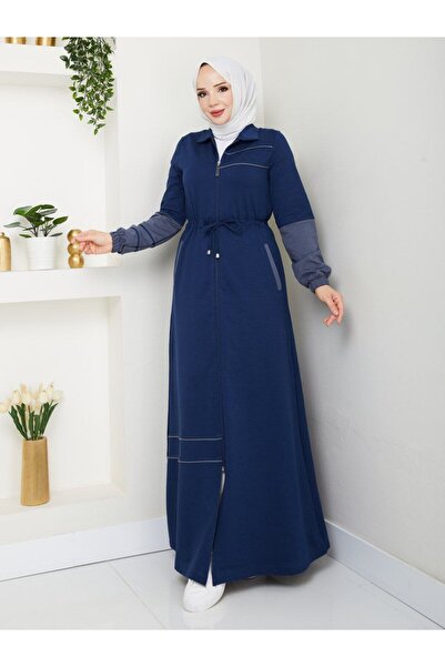 moda4b قبعة رياضية نسائية – قبعة حجاب قطنية مزينة بقطعتين n-05443 _ أزرق داكن