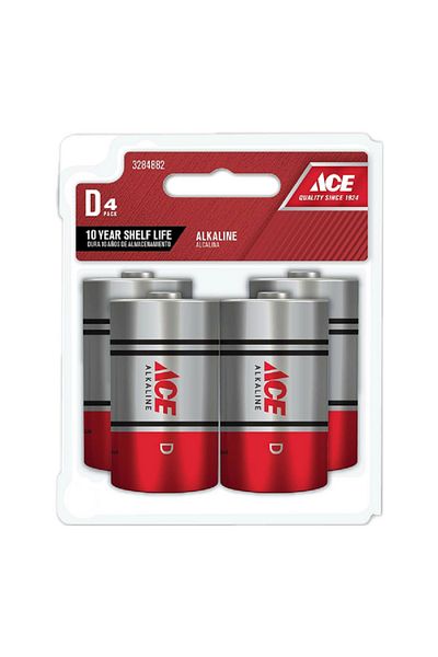 ACE بطاريات D فائقة القلوية متعددة الأغراض ومتينة مكونة من 4 قطع باللونين الفضي والأحمر