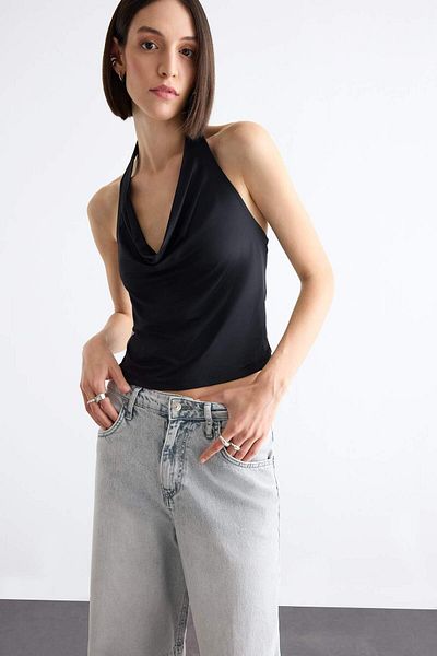DeFacto V-Neck Halter Neck Black Blouse F7474Ax25Sm