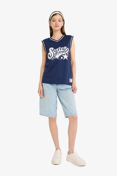 DeFacto Coool Oversize Wide Fit Back Printed V Neck Jersey Fabric Singlet F7854Ax25Hs