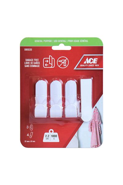 ACE 3-Piece Damage Free General Purpose Adhesive Hook with Strips White 1.8 x 5.7cm