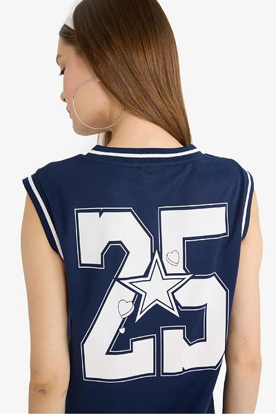 DeFacto Coool Oversize Wide Fit Back Printed V Neck Jersey Fabric Singlet F7854Ax25Hs