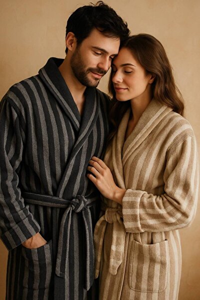 textile dünyası %100 PAMUK LÜX UNİSEX KAPÜŞONLU ÇİZGİLİ BORNOZ