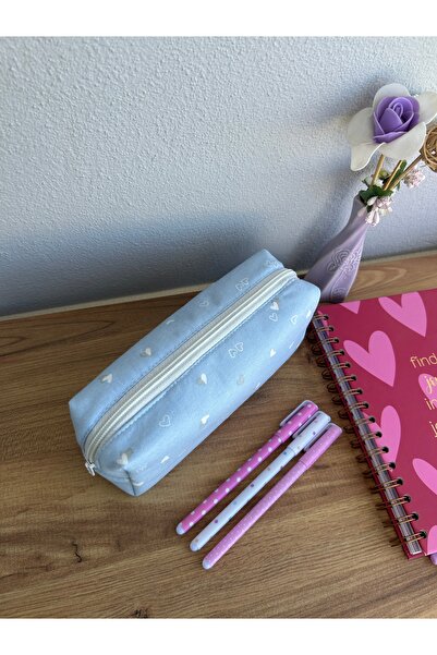 minyaturhayalim Mavi kalpli fermuarı beyaz kalem kutusu kalemlik makyaj çantası astarlıdır yıkanabilir 21-6-6cm