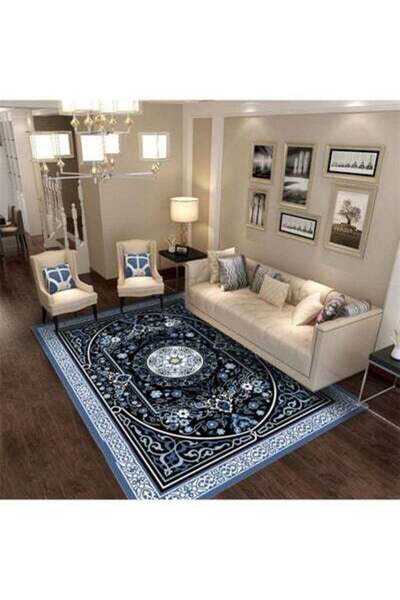 HALAMODO Printed Floor Carpet Polypropylene Black/Blue/White 140x200x0.6cm