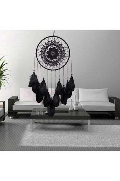 HALAMODO Handmade Lace Dream Catcher Feather Bead Hanging Decoration black 50X55centimeter