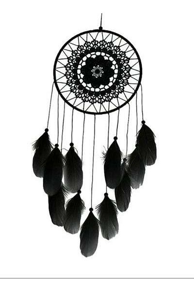 HALAMODO Handmade Lace Dream Catcher Feather Bead Hanging Decoration black 50X55centimeter