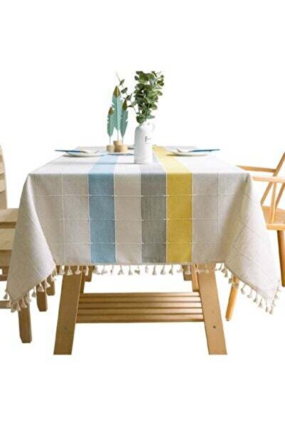HALAMODO Lace Tassel Detail Table Cloth White/Blue/Yellow 140x200cm