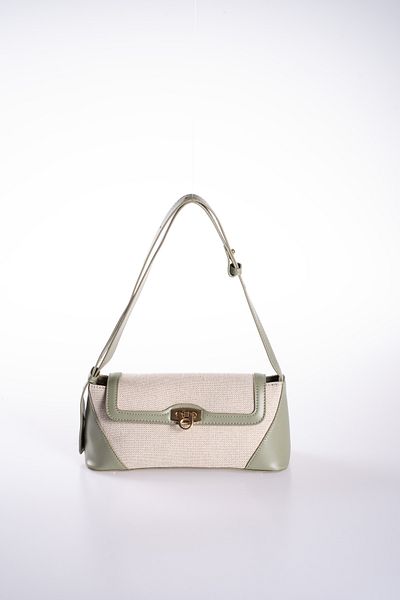Oblavion Pastel Green Vegan Leather Detailed Cream Canvas Adjustable Hand and Shoulder Bag