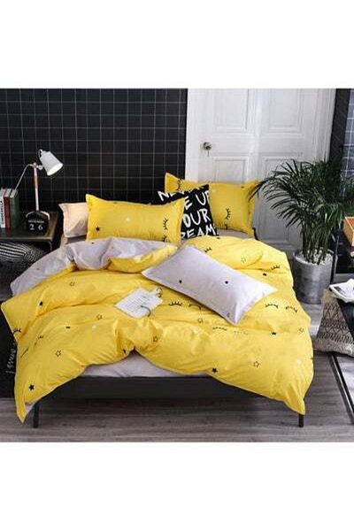 HALAMODO 4-Piece Gorgeous Floral Design Duvet Cover Set Cotton Yellow/Black