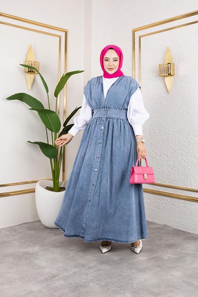 HARMAN BUTİK Women's V-Neck Buttoned Blue Denim Gilet