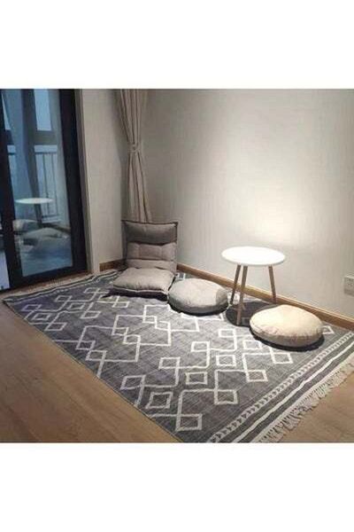 HALAMODO Soft Touch Hand-Woven Cotton & Linen Bohemian Fringed Rug Grey 200 x 140cm