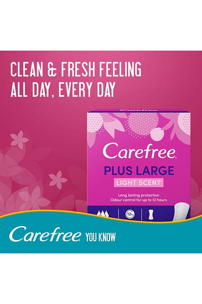 Carefree Panty Liners Plus Large Light Scent - 48 pcs | Soft, Breathable, 7.5" x 2.8"