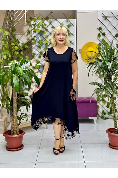 Punta Otantik Tv1001 Lace Half Sleeve Lapel Viscose Dress Black