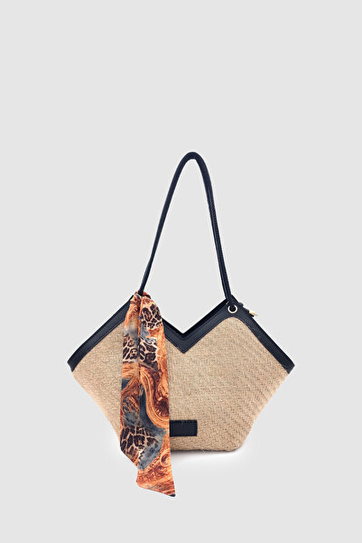 Wuclo Omric Scarf Detailed Straw Shoulder, Arm and Hand Bag Black