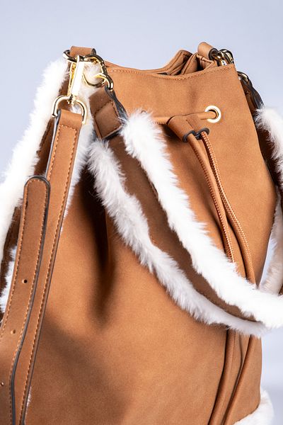 Oblavion Plush Detailed Vegan Tan Suede Bucket Adjustable Hand and Shoulder Bag