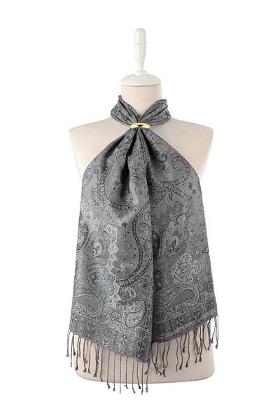 Bursa İpek Gray Indigo Jamawar Woven Silk Scarf