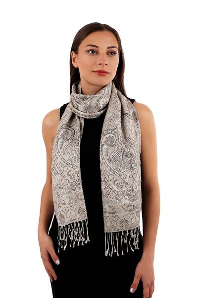 Bursa İpek Cream Salmon Jamawar Woven Silk Scarf
