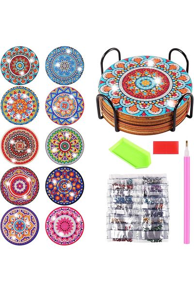 Foonii Set de 10 suporturi pentru pahare cu suport și accesorii Foonii, lemn/acril, multicolor, 10 cm