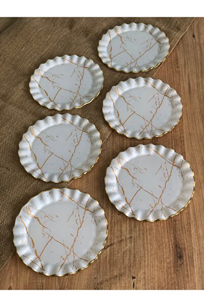 B&M White Marble Patterned Curved Dessert Plate 6 Pieces