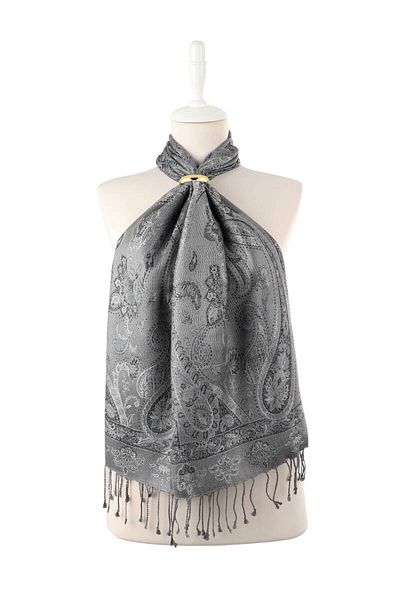 Bursa İpek Gray Indigo Jamawar Woven Silk Scarf