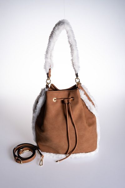 Oblavion Plush Detailed Vegan Tan Suede Bucket Adjustable Hand and Shoulder Bag