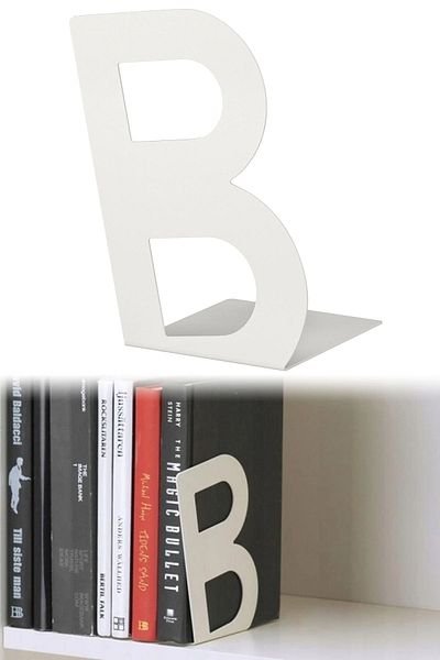 Binbirreyon حامل كتب فولاذي فوق الرف، حامل كتب على شكل حرف B أبيض ME017