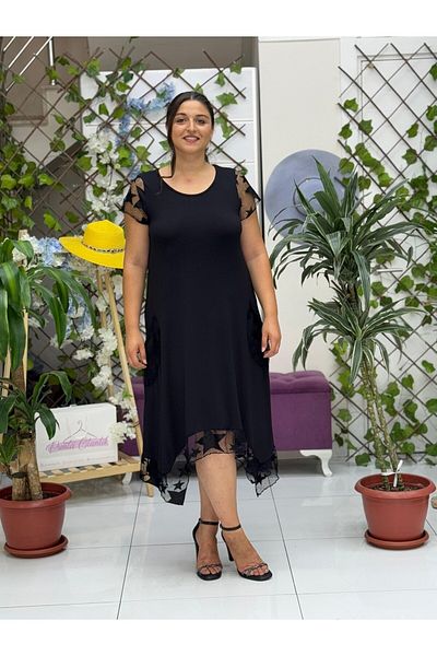 Punta Otantik Ts1001 Lace Half Sleeve Lapel Viscose Dress Black