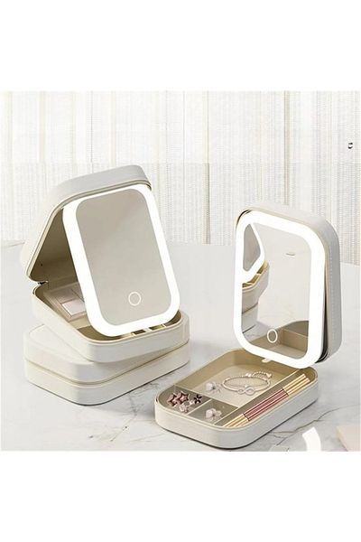 FOXMAG24 Cosmetic case with LED mirror, 3 light modes, USB charging, faux leather, 16.5×11.5×6 cm, white