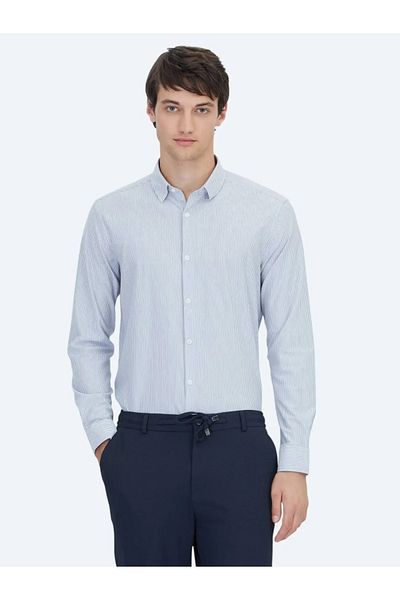 Kip Μπλε ριγέ πουκάμισο με κανονική εφαρμογή casual βαμβακερό μείγμα