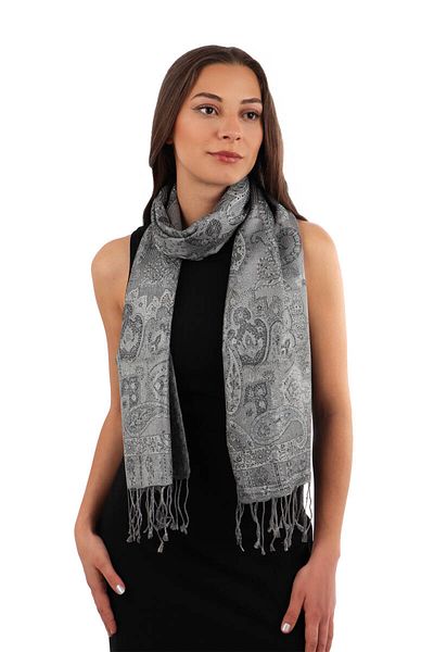 Bursa İpek Gray Indigo Jamawar Woven Silk Scarf