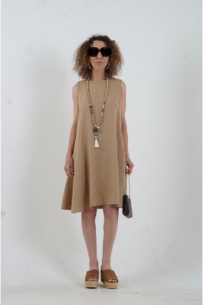 Zelish My Sister Camel O Neck Linen Dress