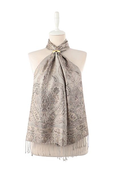 Bursa İpek Cream Salmon Jamawar Woven Silk Scarf
