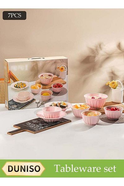 Generic 7-Piece Pink Ceramic Bowl And Plate Set, Microwave Safe