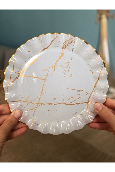 B&M White Marble Patterned Curved Dessert Plate 6 Pieces
