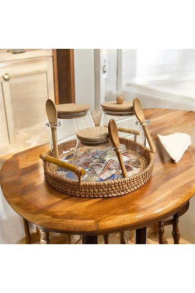 OEM Z Set of 3 glass storage jars with bamboo lid and spoon and serving tray