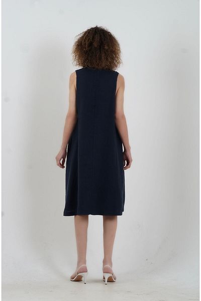 Zelish My Sister Navy Blue Pleated Front V-Neck Linen Dress