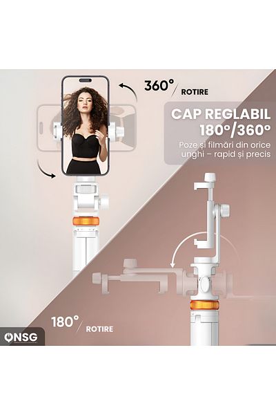 Tech-Protect Stick selfie 3 în 1, Bluetooth 5.2, Android și iPhone, rotație la 360 de grade, vlogging