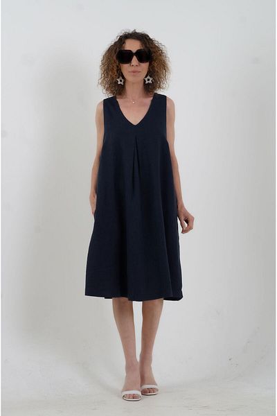 Zelish My Sister Navy Blue Pleated Front V-Neck Linen Dress