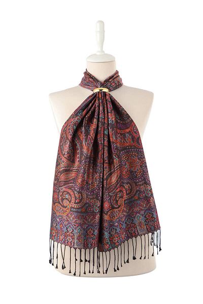 Bursa İpek Black Purple Jamawar Woven Silk Scarf