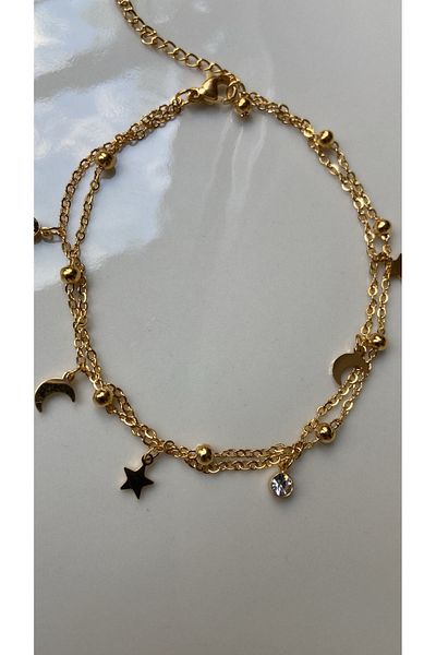ZRN AKSESUAR Halhal Star, Moon and Stone Crystal Detail Stylish Gold Color Steel Bracelet